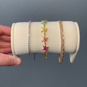3 Piece Set Pretty Bird Real Gold Plated Dragonfly/Pink Bracelets 8”-10”